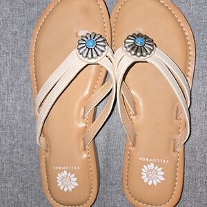 Yellow Box Tan Sandals with Turquoise Detail